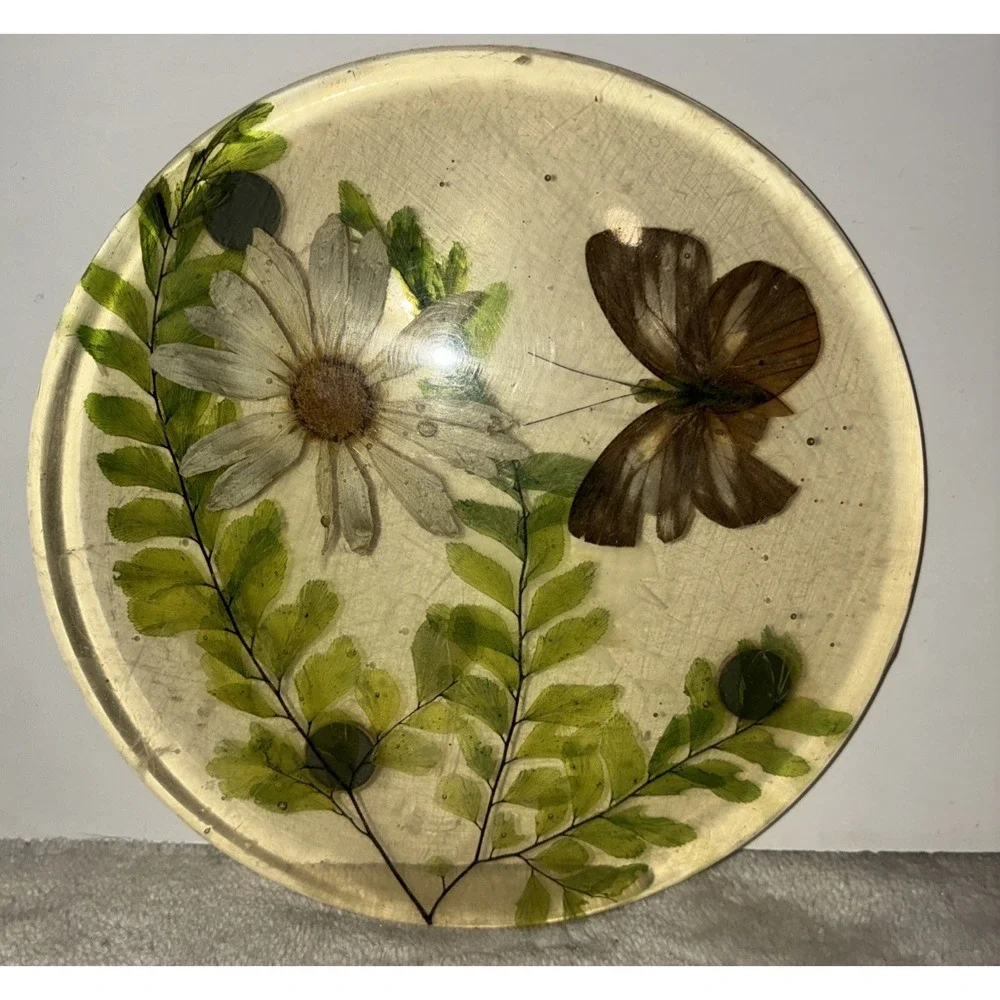 Lucite‎ Dry Daisy Ferns Butterfly Trivet Mid Century 1960s Vintage
